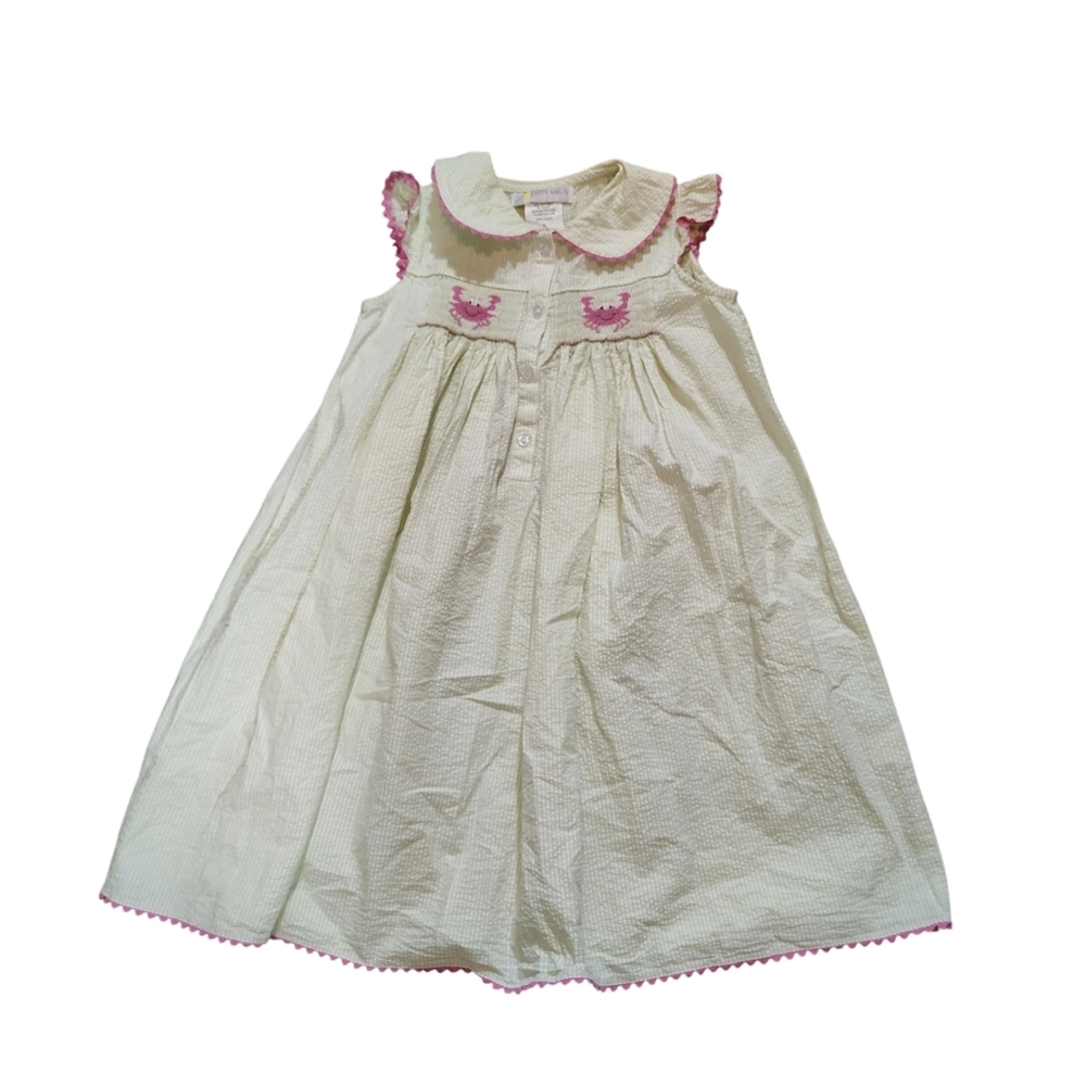 Girl's Smocked Embroidered Crab Seersucker Dress Sleeveless Pink Green Size 6 - Picture 2 of 6